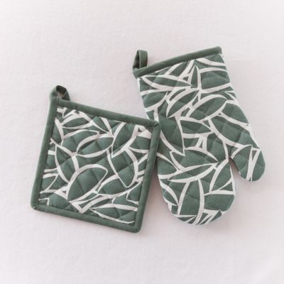 Gant et manique motif végétal vert et blanc l. 20 X L. 28 cm Guy Levasseur
