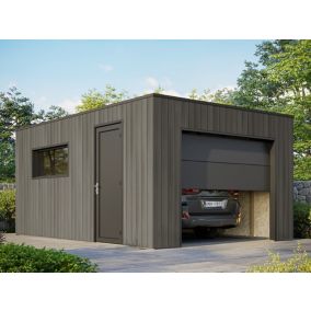 Garage Bois Composite SILVERSTONE - Bardage Couleur Ardoise - Surface : 20m2 - Porte Sectionnelle Motorisée - 2 télécommandes