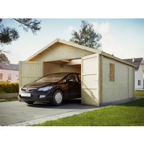 Garage Bois NEWPORT Double Porte en Bois 19,2m2 - Epaisseur des Madriers : 44mm - Toit Double Pente - Abri Voiture