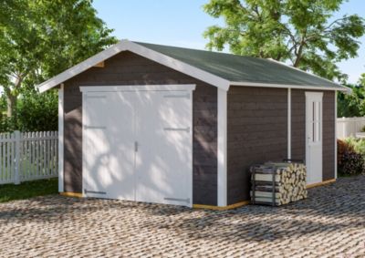 Garage bois SKAN HOLZ Varberg 1, 370x525cm, 45mm, traitement coloré gris ardoise