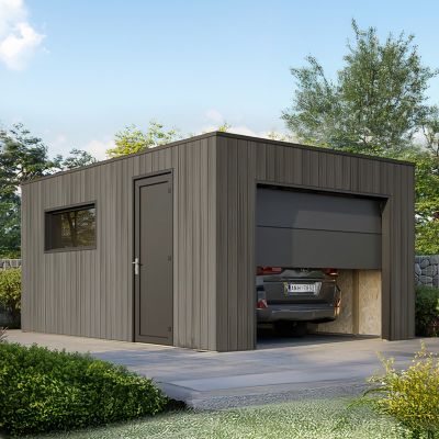 Garage Composite SILVERSTONE - Bardage Couleur Ardoise - Surface : 20m2 - Porte Sectionnelle Motorisée - 2 télécommandes