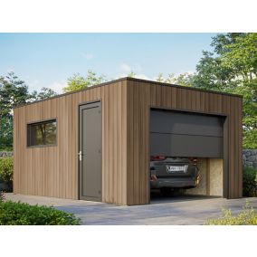 Garage Composite SILVERSTONE - Bardage Couleur Teck / Teak - Surface : 20m2 - Porte Sectionnelle Motorisée - 2 télécommandes