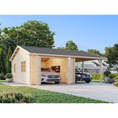 Garage en bois Roger portes battantes 19m² + carport 16,2m² Palmako