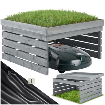 Garage pour robot tondeuse en lattes de pin teintées résistantes aux intempéries gris