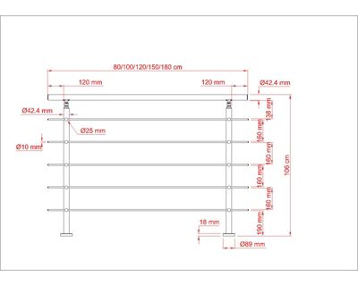 Garde-corps 150cm avec main courante, en acier inoxydable 201, pour intérieur et extérieur, garde-corps avec 5 traverses