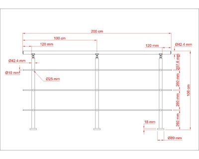 Garde-corps 200cm avec main courante, en acier inoxydable 201, pour intérieur et extérieur, garde-corps avec 3 traverses