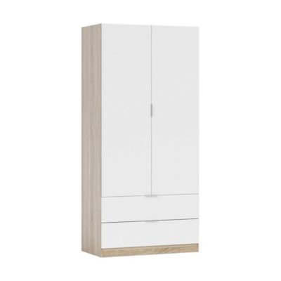 Garde-robe 2 portes Appadu, armoire de chambre 2 tiroirs, Armoire avec tringle à vêtements, 82x52h180 cm, Blanc et Chêne