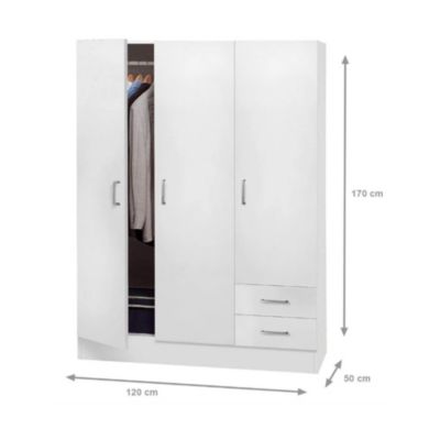 Garde-robe 3 portes Dpavese, Mobilier de chambre, Dressing fermé, Armoire avec 3 portes et 2 tiroirs, 120x50h170 cm, Blanc