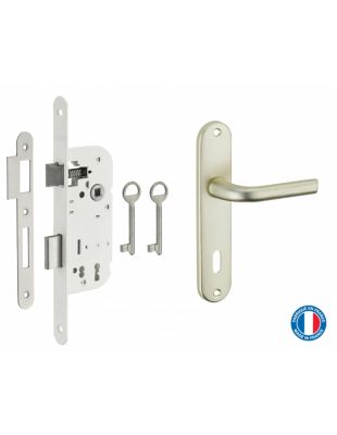 Garniture serrure encastrable à clé + ensemble poignées Leto, axe 40mm, bouts ronds, blanc, 2 clés - THIRARD