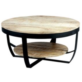 GARONA - Table Basse Ronde 80cm en Bois Massif et Métal Noir