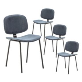 GARY - Lot de 4 Chaises en Velours Côtelé Bleu Piétement Métal Noir