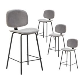 GARY - Lot de 4 Tabourets en Velours Côtelé Gris Clair Piétement Métal Noir