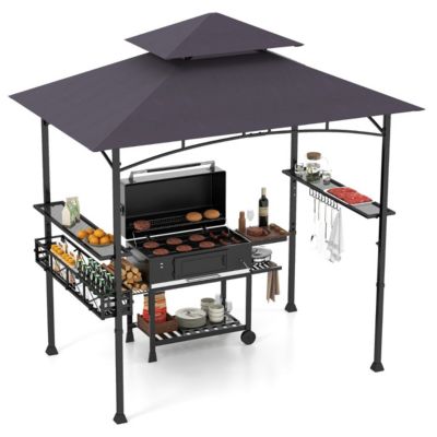 Gazebo barbecue 242x153cm double toit étagères Gris