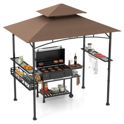 Gazebo barbecue double toit étagères Marron