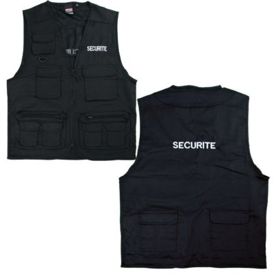Gilet reporter noir multipoches sans manches brodé SECURITE recto verso - taille:XL
