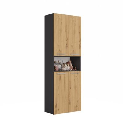 GLAZE - Armoire de salle de bain avec panier à linge - Style moderne - 174x60x30 cm - ANTHRACITE & CHÊNE