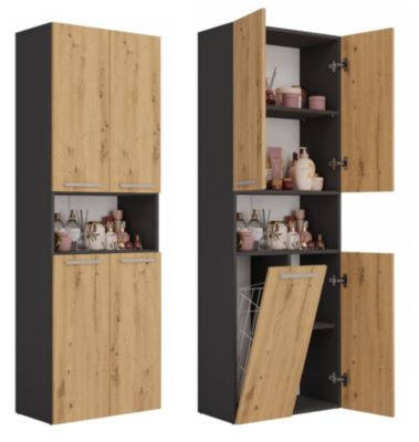 GLAZE - Armoire de salle de bain avec panier à linge - Style moderne - 174x60x30 cm - ANTHRACITE & CHÊNE