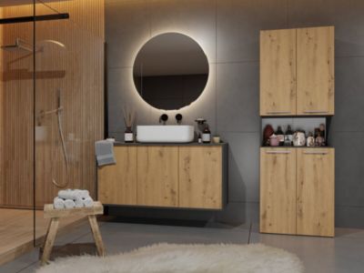 GLAZE - Armoire de salle de bain avec panier à linge - Style moderne - 174x60x30 cm - ANTHRACITE & CHÊNE