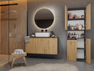GLAZE - Armoire de salle de bain avec panier à linge - Style moderne - 174x60x30 cm - ANTHRACITE & CHÊNE