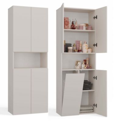 GLAZE - Armoire de salle de bain avec panier à linge - Style moderne - 174x60x30 cm - BEIGE