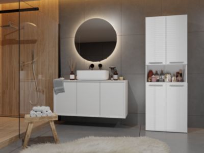 GLAZE - Armoire de salle de bain avec porte + panier - Style moderne - 174x60x30 cm - BLANC BRILLANT