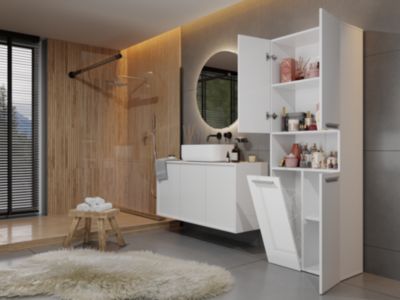 GLAZE - Armoire de salle de bain avec porte + panier - Style moderne - 174x60x30 cm - BLANC BRILLANT