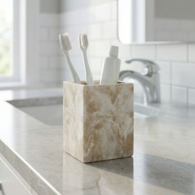 Gobelet salle de bain beige effet pierre en polyrésine, GoodHome Cenia