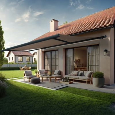 GOLD - Store banne coffre (Motorisé à télécommande + manœuvre de secours + LED - Taupe - Gris RAL7016ST  - 6m x 3.50m)