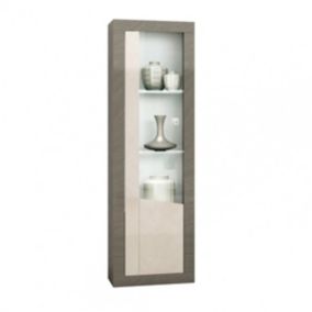 GONDOR - Vitrine 1 Porte Droite Décor Bois Gris Veiné et Beige avec Leds