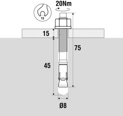 Goujon inox 8 x 75 mm, lot de 20 Acier inoxydable