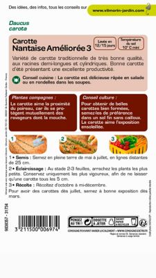 Graines de carotte variété "Nantaise améliorée 3" Vilmorin semis de mars à juillet