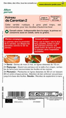 Graines de poireau variété "Carentan 2" Vilmorin semis de mars à mai