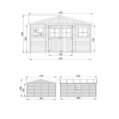 Grand abri de jardin bois - 20 m² - 522 x 418 x H246 cm - ép. 17 mm - sans plancher - M333 - Timbela