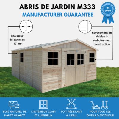 Grand abri de jardin bois - 20 m² - 522 x 418 x H246 cm - ép. 17 mm - sans plancher - M333 - Timbela