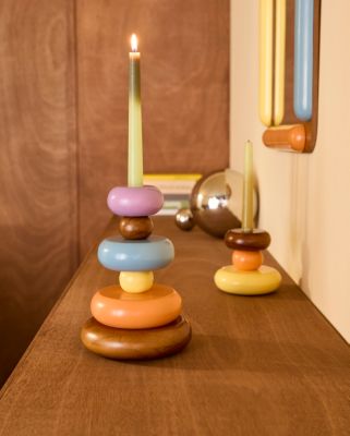 Grand bougeoir multicolore Joa en bois peint Ø16 x H.23 cm