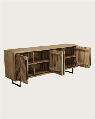 Grand Buffet bas en teck recyclé avec motif chevron et métal 200 cm - Uniqka