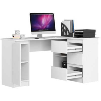 Grand bureau d'angle AKORD droit B20 Blanc 155 cm 1 porte 3 tiroirs façade Blanche 4 étagères 155x85x77 cm