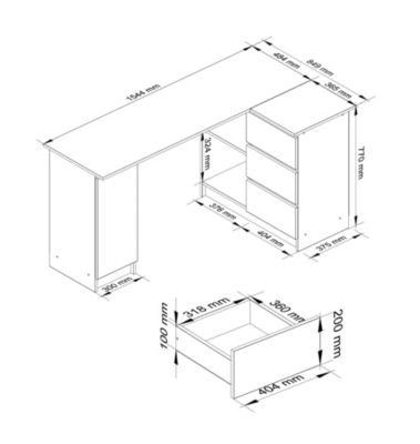 Grand bureau d'angle AKORD droit B20 Blanc 155 cm 1 porte 3 tiroirs façade Blanche 4 étagères 155x85x77 cm