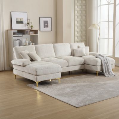 Grand canapé en U en tissu chenille, deux méridiennes confortables, design moderne, parfait salon ou maison avec cheminée