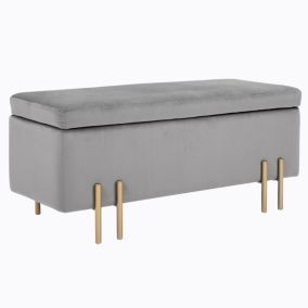 Grand pouf coffre de rangement design contemporain - dim. 100L x 40l x 42H cm - piètement métal doré velours gris clair