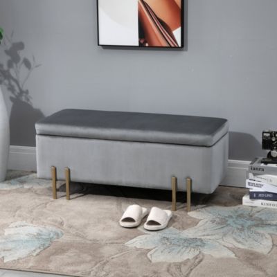 Grand pouf coffre de rangement design contemporain - dim. 100L x 40l x 42H cm - piètement métal doré velours gris clair