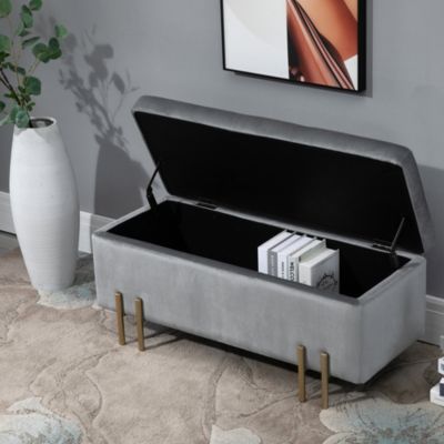 Grand pouf coffre de rangement design contemporain - dim. 100L x 40l x 42H cm - piètement métal doré velours gris clair