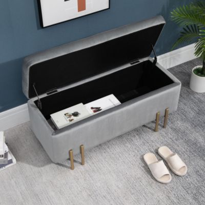 Grand pouf coffre de rangement design contemporain - dim. 100L x 40l x 42H cm - piètement métal doré velours gris clair