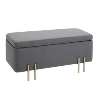 Grand pouf coffre de rangement design contemporain - dim. 100L x 40l x 42H cm - piètement métal doré velours gris foncé