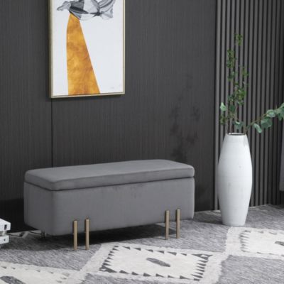 Grand pouf coffre de rangement design contemporain - dim. 100L x 40l x 42H cm - piètement métal doré velours gris foncé