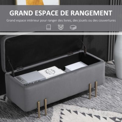 Grand pouf coffre de rangement design contemporain - dim. 100L x 40l x 42H cm - piètement métal doré velours gris foncé