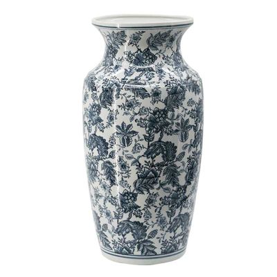 Grand vase céramique floral blanc et bleu 30x30x61cm