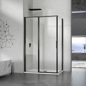 GRAND VERRE Cabine de douche 100x100 avec profilés en alu noir mat à ouverture pivotante avec élément fixe