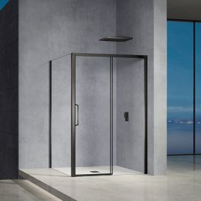 GRAND VERRE Cabine de douche 100x90 avec ouverture coulissante accès de face profilés noirs mat