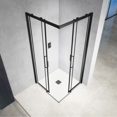 GRAND VERRE Cabine de douche d'angle 80x80 hauteur 185cm avec deux portes coulissantes profilés en noir mat